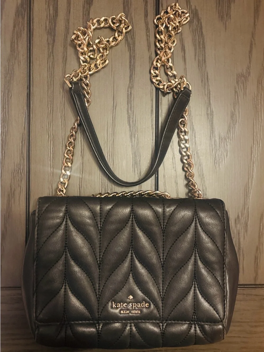 kate spade Black Quilted Leather Crossbody with Gold Chain
